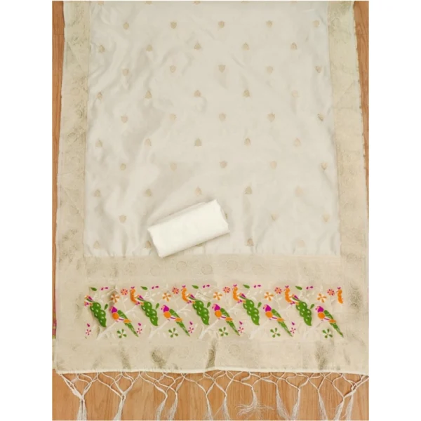 Women's Banarasi Silk Printed Unstitched Salwar Suit Material With Dupatta (White, 3Mtrs) - Image 2