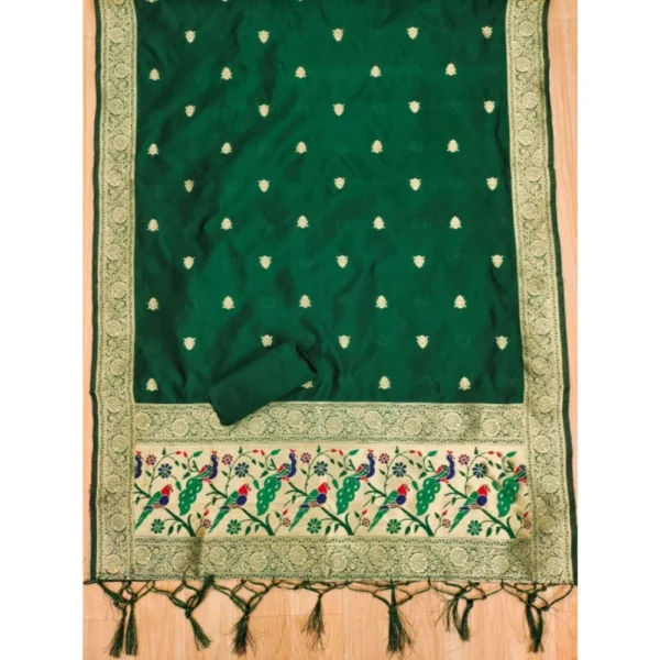 Women's Banarasi Silk Printed Unstitched Salwar Suit Material With Dupatta (Bottle Green, 3Mtrs) - Image 2