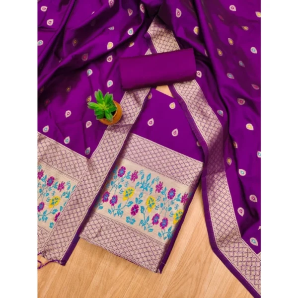 Women's Banarasi Silk Printed Unstitched Salwar Suit Material With Dupatta (Purple, 3Mtrs) - Image 4