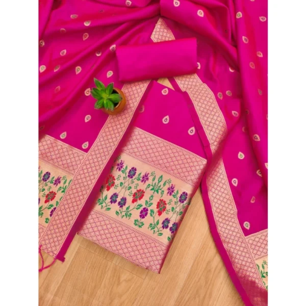 Women's Banarasi Silk Printed Unstitched Salwar Suit Material With Dupatta (Pink, 3Mtrs) - Image 4