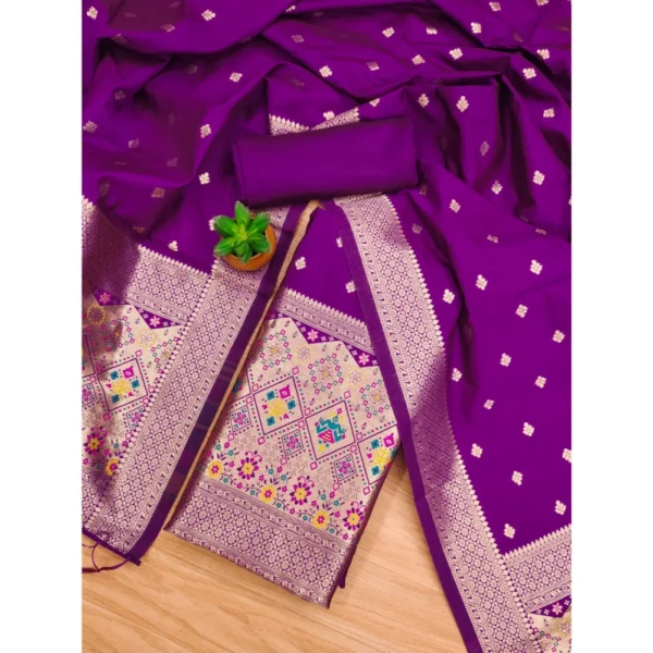 Women's Banarasi Silk Printed Unstitched Salwar Suit Material With Dupatta (Purple, 3Mtrs) - Image 4