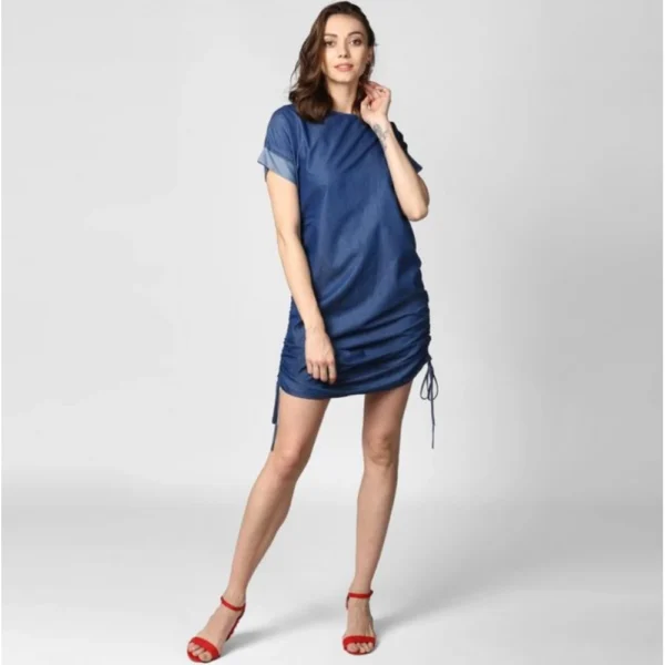Women's Denim Solid Close Neck Short Sleeve Dress (Blue)
