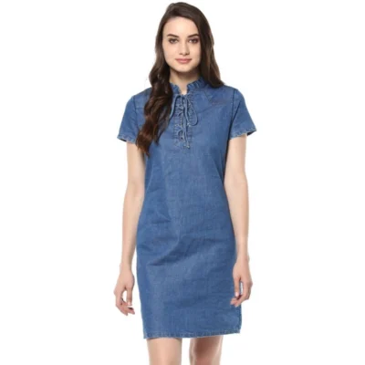 Women's Denim Solid Tie-Up Neck Short Sleeve Dress (Blue)