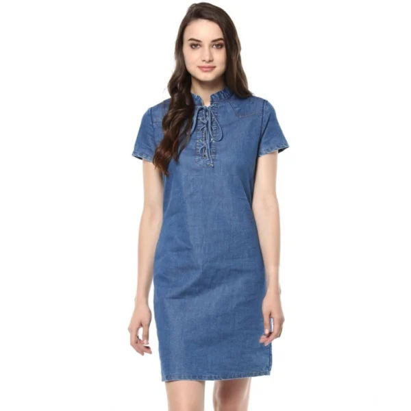 Women's Denim Solid Tie-Up Neck Short Sleeve Dress (Blue)