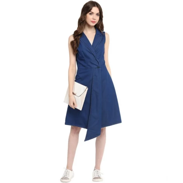 Women's Denim Solid Collar Neck Sleeveless Dress (Blue) - Image 3