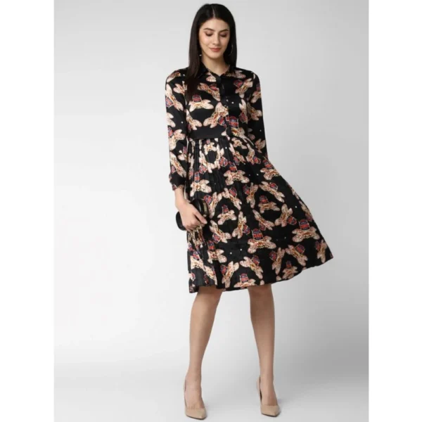 Women's Polyester Pleated Collar Neck Long Sleeves Dress (Black) - Image 3