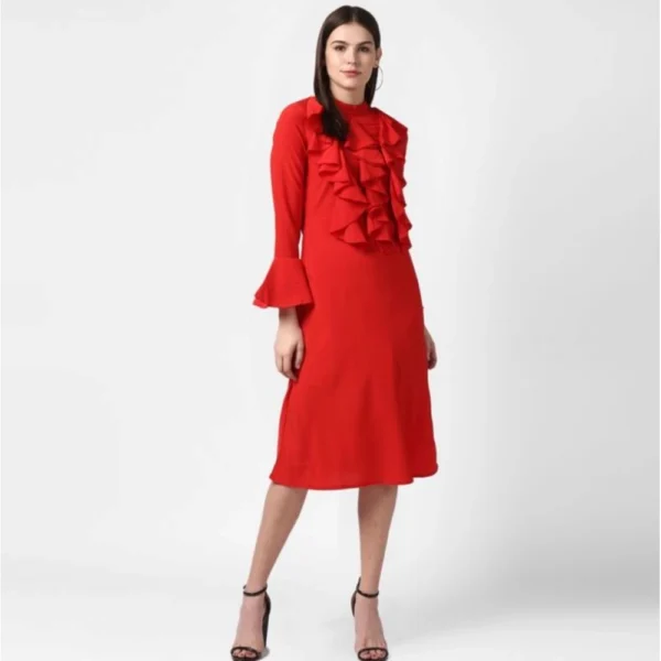 Women's Polyester Ruffled Close Neck Long Sleeves Dress (Red) - Image 4