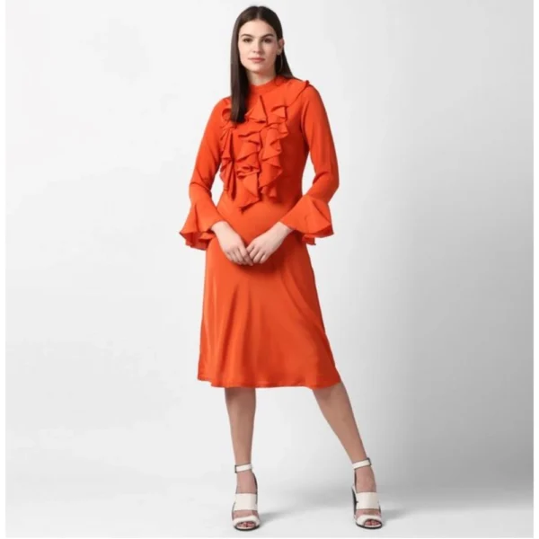 Women's Polyester Ruffled Close Neck Long Sleeves Dress (Orange)