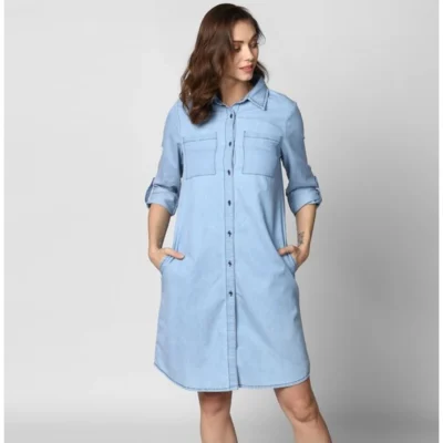 Women's Denim Solid Collar Neck Roll Up Sleeve Dress (Blue)
