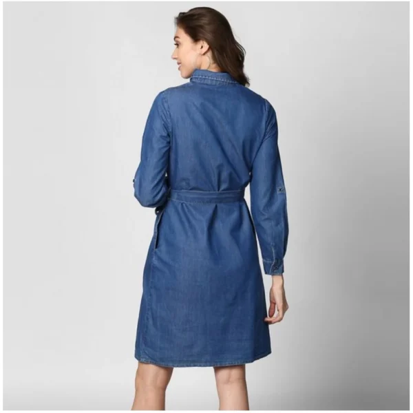 Women's Denim Solid Collar Neck Roll Up Sleeve Dress (Blue) - Image 4