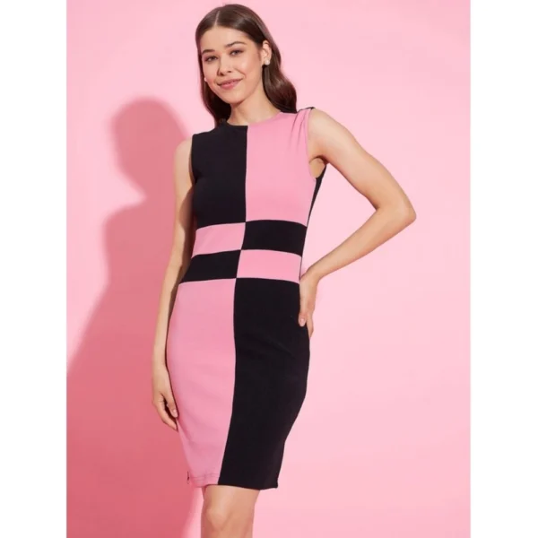 Women's Polyester Lycra Color Blocking Round Neck Sleeveless Dress (Pink-Black) - Image 3