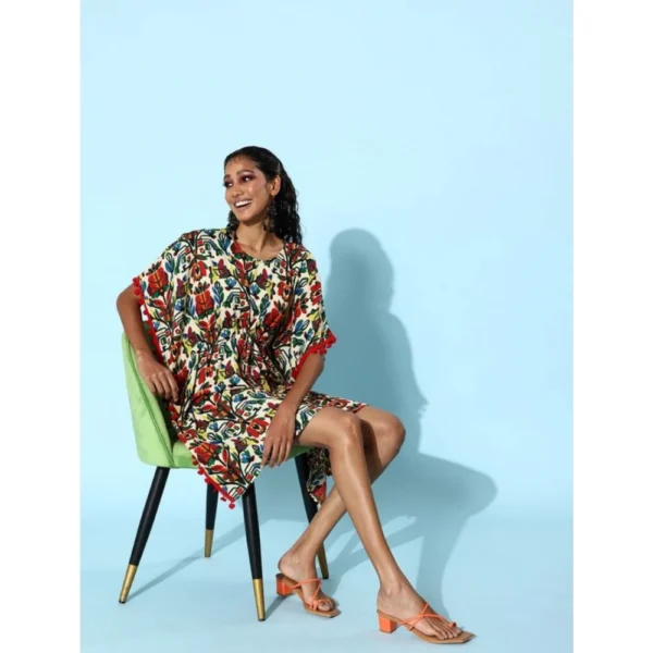 Women's Polyester Moss Printed Round Neck Kaftan Sleeve Dress (Multicolor) - Image 4