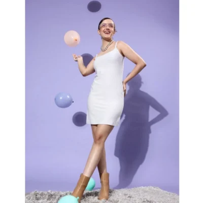 Women's Polyester Lycra Embellished Square Neck Sleeveless Dress (Silver)