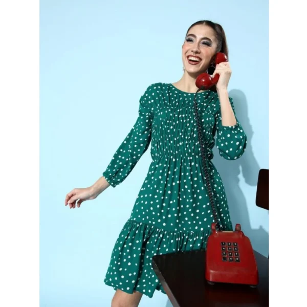 Women's Polyester Moss Polka Round Neck 3/4th Sleeves Dress (Green) - Image 3