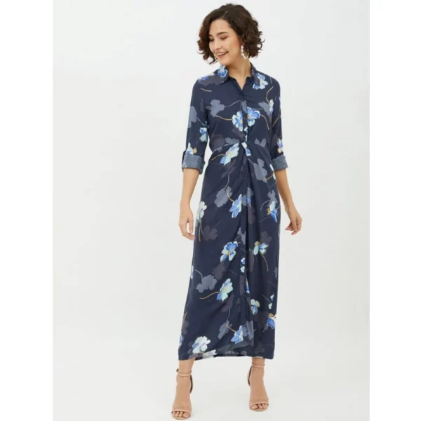 Women's Rayon Floral Collar Neck Long Sleeves Dress (Blue) - Image 3