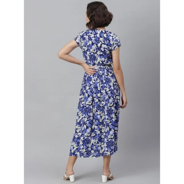 Women's Polyester Floral V-Neck Short Sleeve Dress (Purple-White) - Image 4