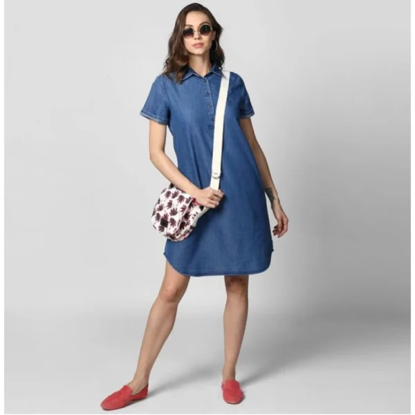 Women's Denim Solid Collar Neck Short Sleeve Dress (Blue) - Image 3