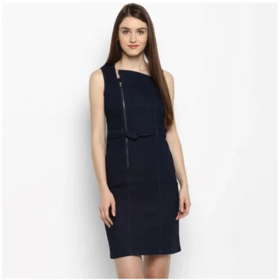 Women's Denim Solid Square Neck Sleeveless Dress (Blue)