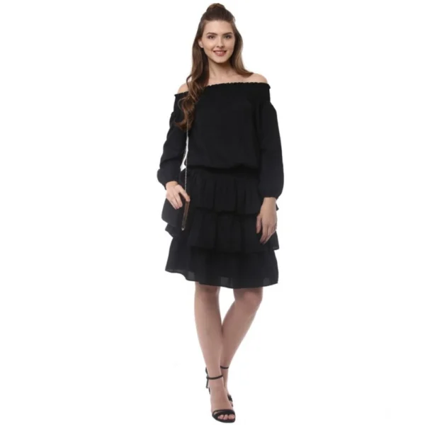 Women's Polyester Moss Solid Off-Shoulder Long Sleeves Dress (Black) - Image 3