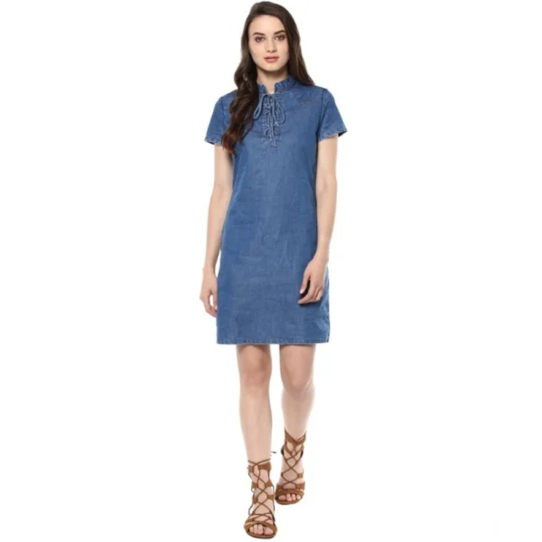 Women's Denim Solid Tie-Up Neck Short Sleeve Dress (Blue) - Image 3