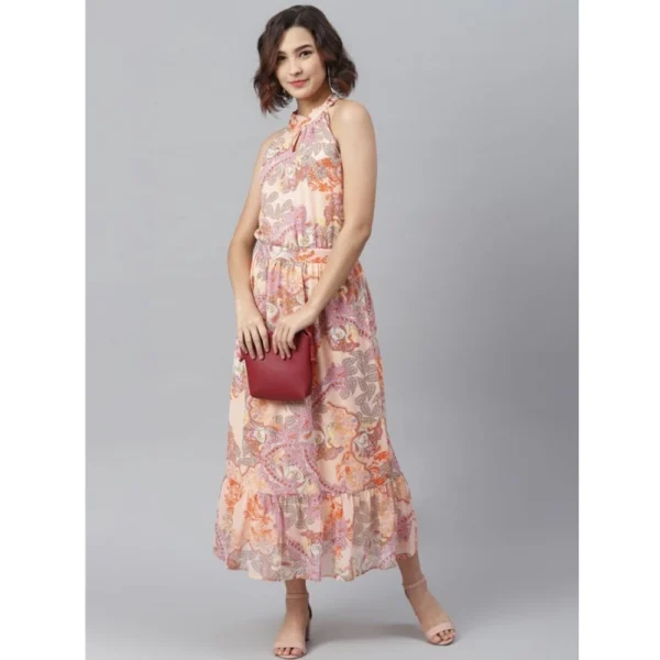 Women's Polyester Maxi Halter Neck Sleeveless Dress (Peach) - Image 3