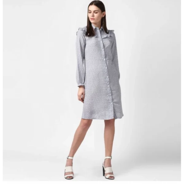Women's Polyester Floral Collar Neck Long Sleeves Dress (Blue) - Image 3