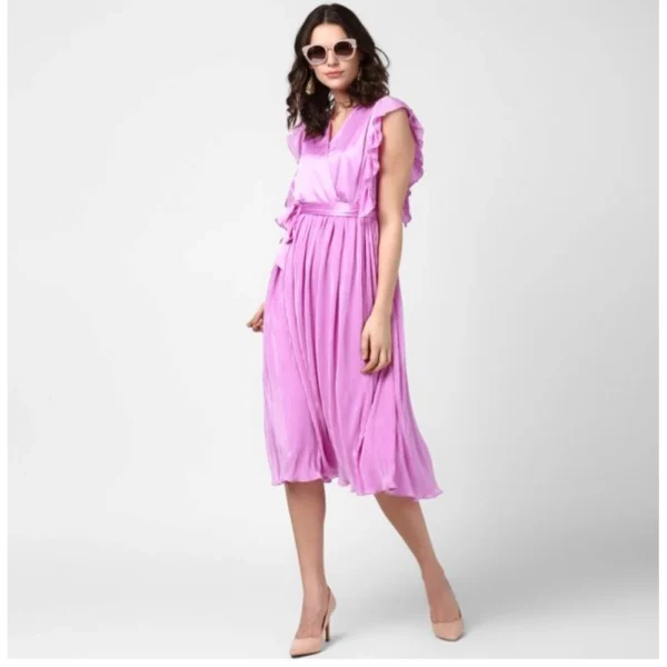 Women's Polyester Pleated V-Neck Flutter Dress (Lavender) - Image 3