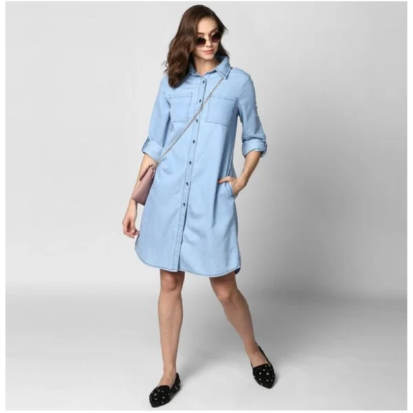Women's Denim Solid Collar Neck Roll Up Sleeve Dress (Blue) - Image 3