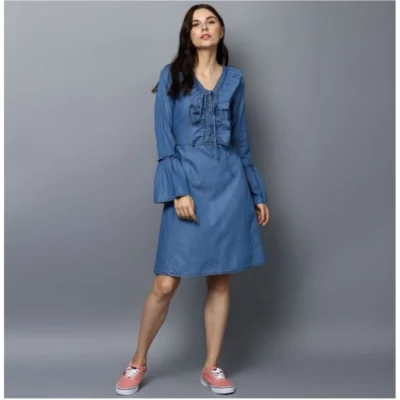 Women's Denim Solid V-Neck Bell Sleeve Dress (Blue)