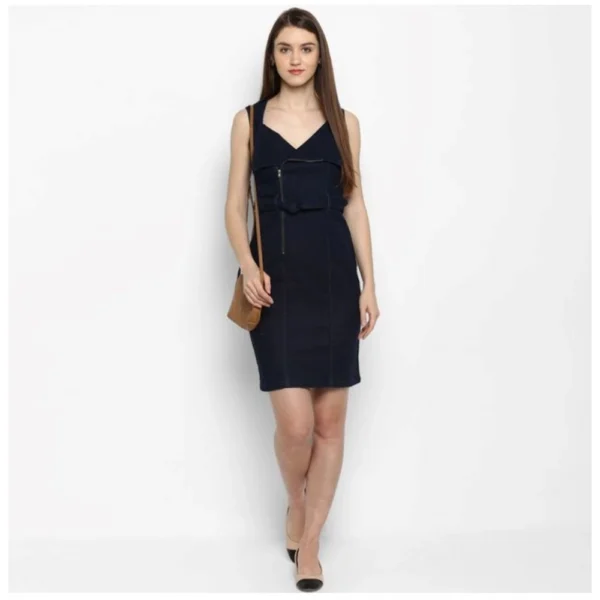 Women's Denim Solid Square Neck Sleeveless Dress (Blue) - Image 3