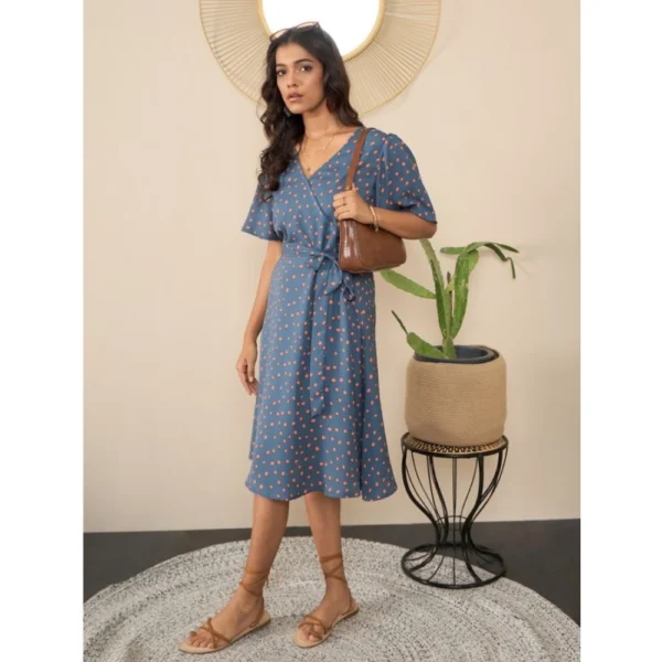 Women's Polyester Moss Polka V-Neck Bell Sleeve Dress (Grey) - Image 3