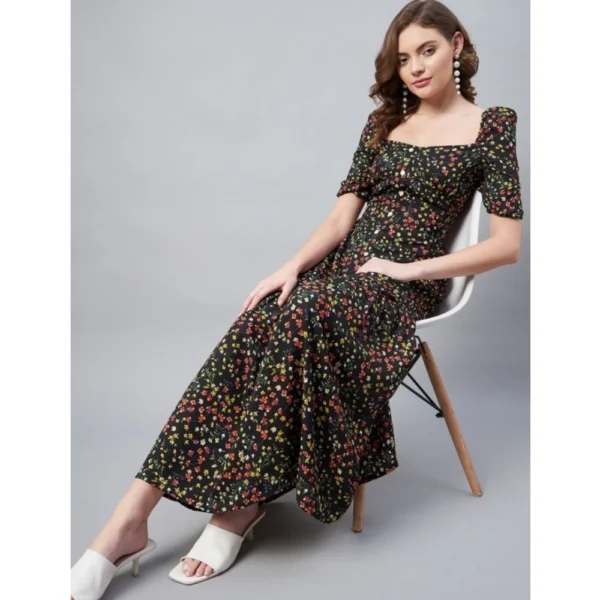 Women's Polyester Moss Floral Square Neck Half Sleeve Dress (Black) - Image 4