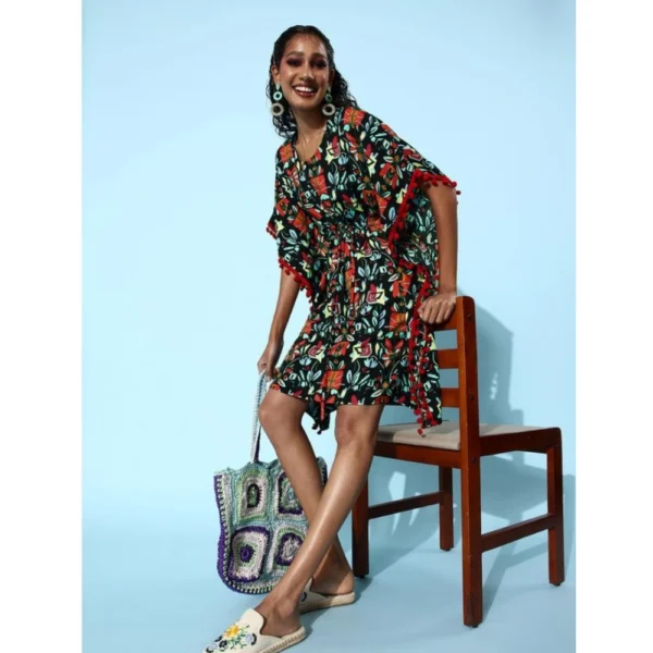 Women's Polyester Moss Printed Round Neck Kaftan Sleeve Dress (Multicolor) - Image 4