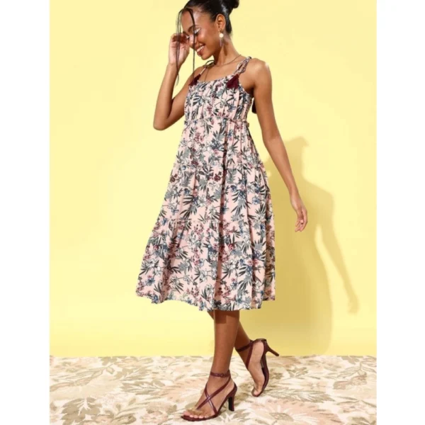 Women's Georgette Floral Square Neck Sleeveless Dress (Peach) - Image 3