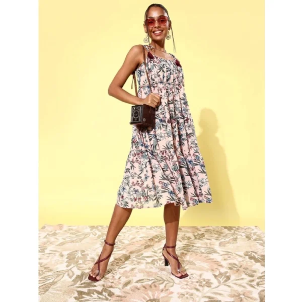Women's Georgette Floral Square Neck Sleeveless Dress (Peach)