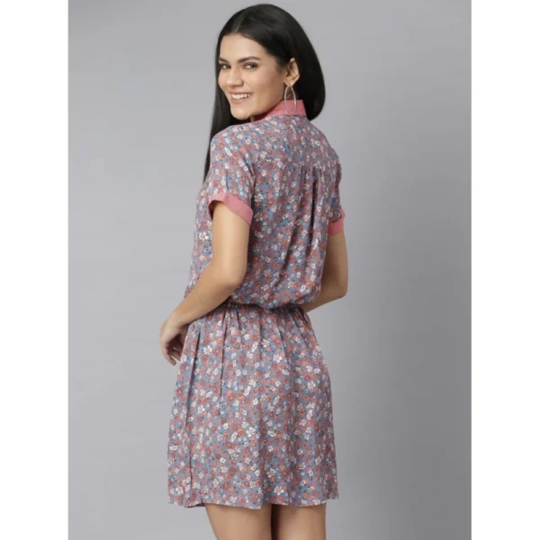 Women's Polyester Moss Floral Collar Neck Short Sleeve Dress (Grey-Red) - Image 4