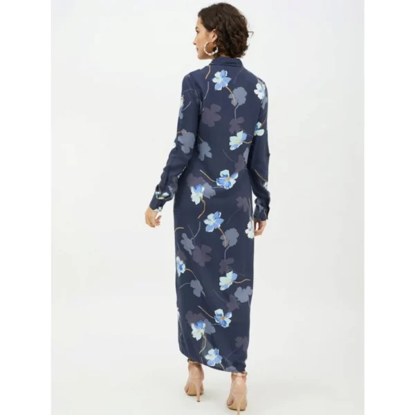 Women's Rayon Floral Collar Neck Long Sleeves Dress (Blue) - Image 4