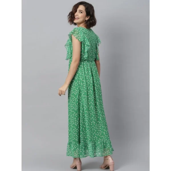 Women's Polyester Floral Round Neck Short Sleeve Dress (Green) - Image 4