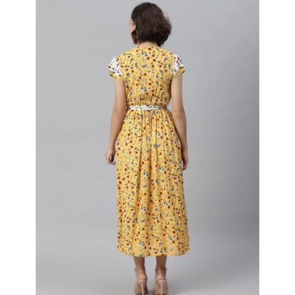 Women's Polyester Floral V-Neck Short Sleeve Dress (Yellow-White) - Image 4