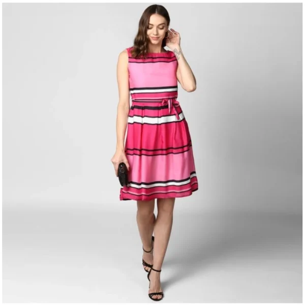 Women's Polyester Striped Close Neck Sleeveless Dress (Pink) - Image 3
