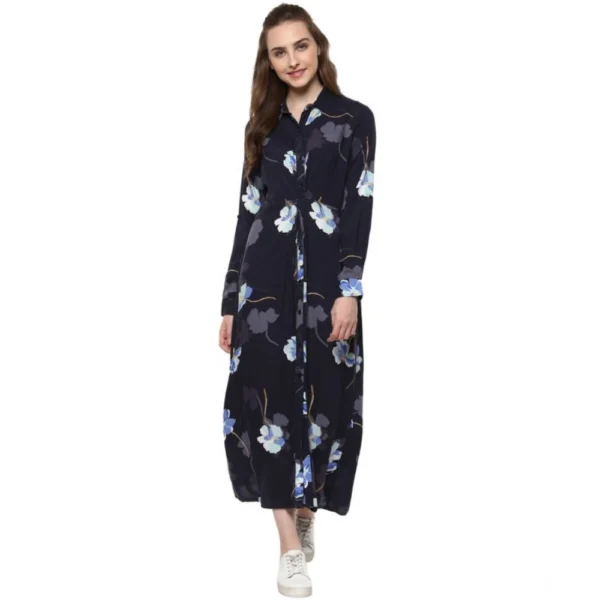 Women's Rayon Floral Collar Neck Long Sleeves Dress (Blue) - Image 3