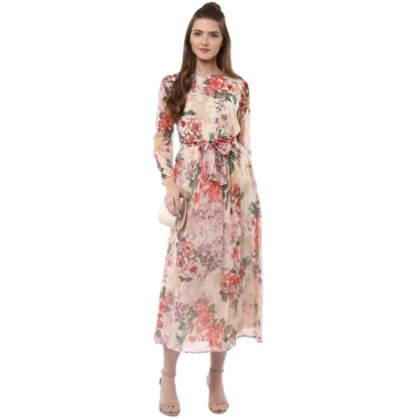 Women's Chiffon Floral Round Neck Long Sleeves Dress (Multicolor) - Image 3
