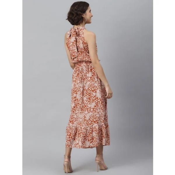 Women's Polyester Printed Halter Neck Sleeveless Dress (Rust) - Image 4