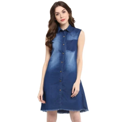Women's Denim Solid Collar Neck Sleeveless Dress (Blue)