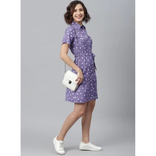 Women's Polyester Polka Collar Neck Short Sleeve Dress (Lavender) - Image 3
