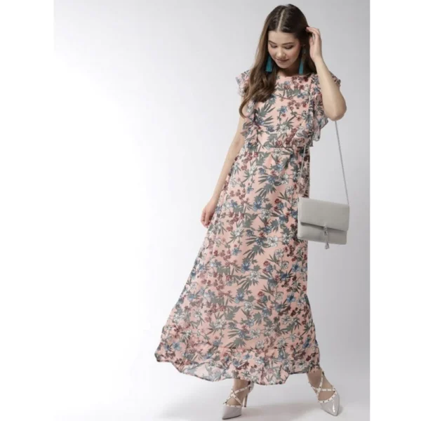 Women's Polyester Floral Round Neck Flutter Dress (Multicolor) - Image 3