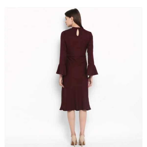 Women's Polyester Ruffled Close Neck Bell Sleeve Dress (Maroon) - Image 4