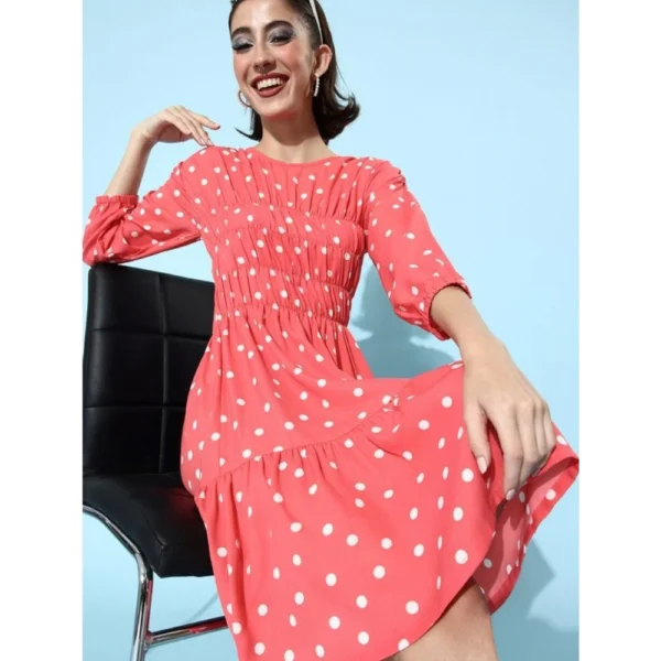 Women's Polyester Moss Polka Round Neck 3/4th Sleeves Dress (Pink) - Image 4