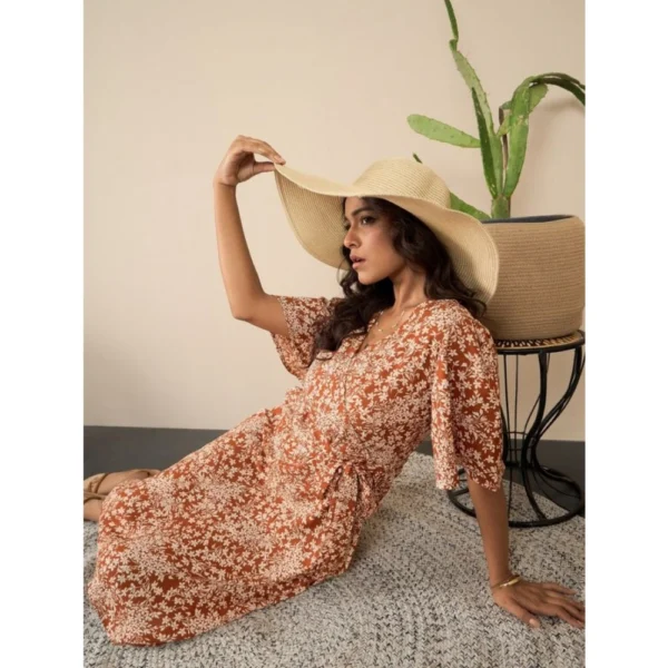 Women's Polyester Moss Floral V-Neck Bell Sleeve Dress (Brown) - Image 3