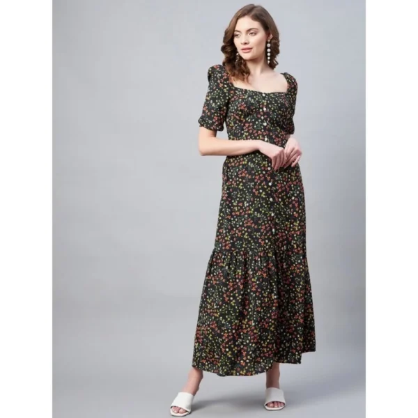 Women's Polyester Moss Floral Square Neck Half Sleeve Dress (Black) - Image 3